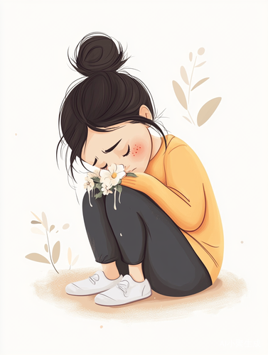 可爱的卡通女孩流泪手握花朵的极简主义插图