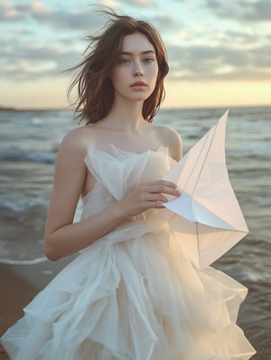 a woman stands on the beach, holding a paper kite in her hands, she is wearing an oversized dress made of white silk fabric, brown hair and blue eyes, summer evening, by Fujifilm, hyper realistic, cinematic photography, 35mm lens ar 3:4v 6.0 style raw