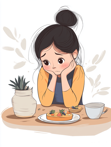可爱卡通女孩在客厅简约风格用餐插图