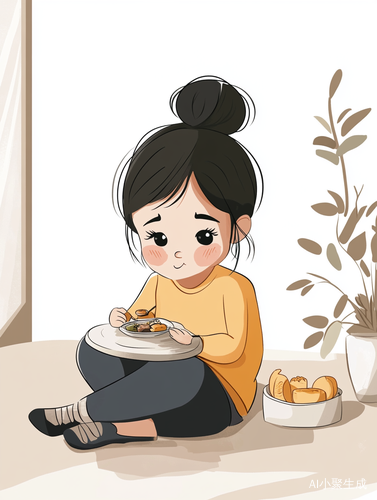 可爱卡通女孩在客厅简约风格用餐插图