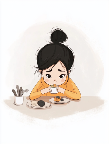 可爱卡通女孩在客厅简约风格用餐插图
