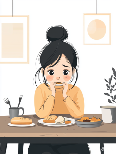 可爱卡通女孩在客厅简约风格用餐插图