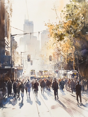 watercolour art of a street by daniel moran, in the style of weathercore. dramatic cityscapes, realistic brushwork, wet-on-wet blending, australianlandscapes, detailed crowd scenes, grandeur of scale ar 2:3 v 6.0