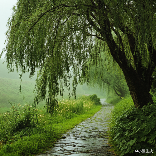 雨天细柳与石板小路的诗意景色