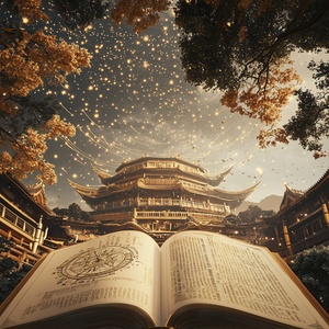 .咒语：Drone view, the book is opened, the left page is the sundial, and the right page is the chinese text. a magnificent golden palace. 3D rendering of chinese ink painting scene. top view, epic scene, clear light and shadow, tiny stars floating in the sky, creating a dreamlike surreal atmosphere, the overall composition is very artistic and spatial sense, fine brushwork, soft and smooth, history painting, 3D rendering, HD, 8k v 6.0 ar 3:4 s 100 c 0 q 2