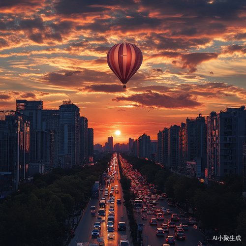 晚霞映衬下的热气球与车流交织