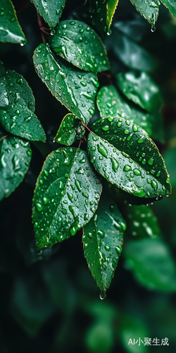 雨滴滋润下的树叶特写与虚化背景