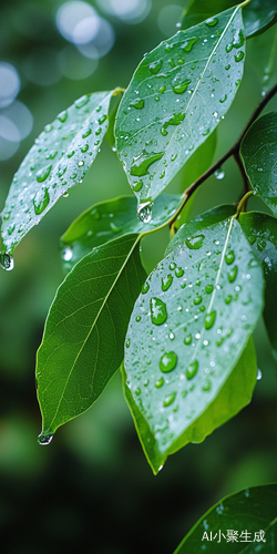 雨滴滋润下的树叶特写与虚化背景