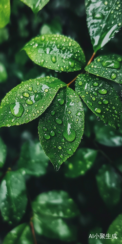 雨滴滋润下的树叶特写与虚化背景