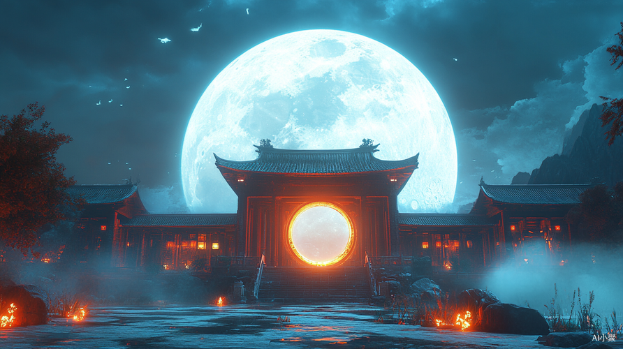 Beautifull Tang Dynasty Render with Magical Time Portal and Big Moon