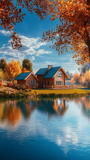 In Autumn , there is a beautiful view of cottages, green grass and flowers near the river; The forest beauty of blue sky and white clouds; Realistic country house scenes in the countryside; Bright colors, tone, light and shadow, high-definition photography, with ultra-high resolution, high detail, super quality, high definition