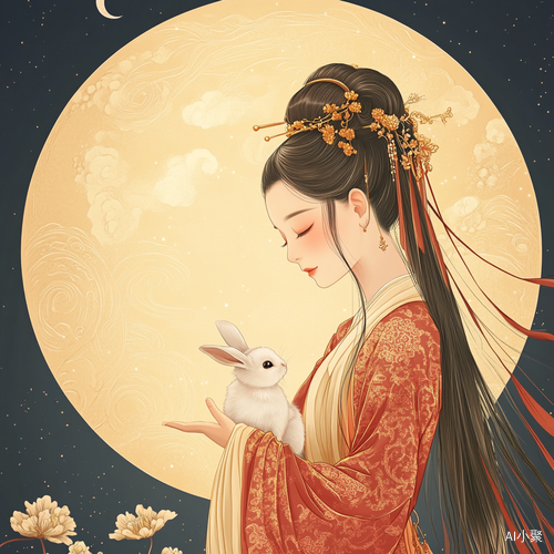 Mid-Autumn Festival Fairy with Rabbit Under the Full Moon