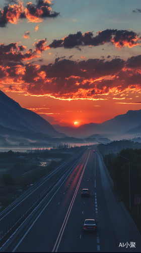 傍晚公路上的夕阳与湖面远山的迷雾