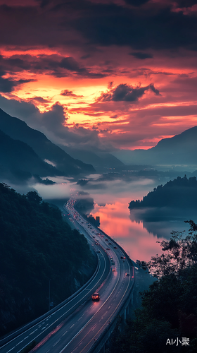 傍晚公路上的夕阳与湖面远山的迷雾