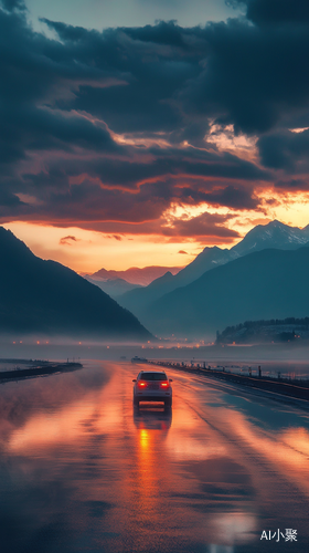 傍晚公路上的夕阳与湖面远山的迷雾