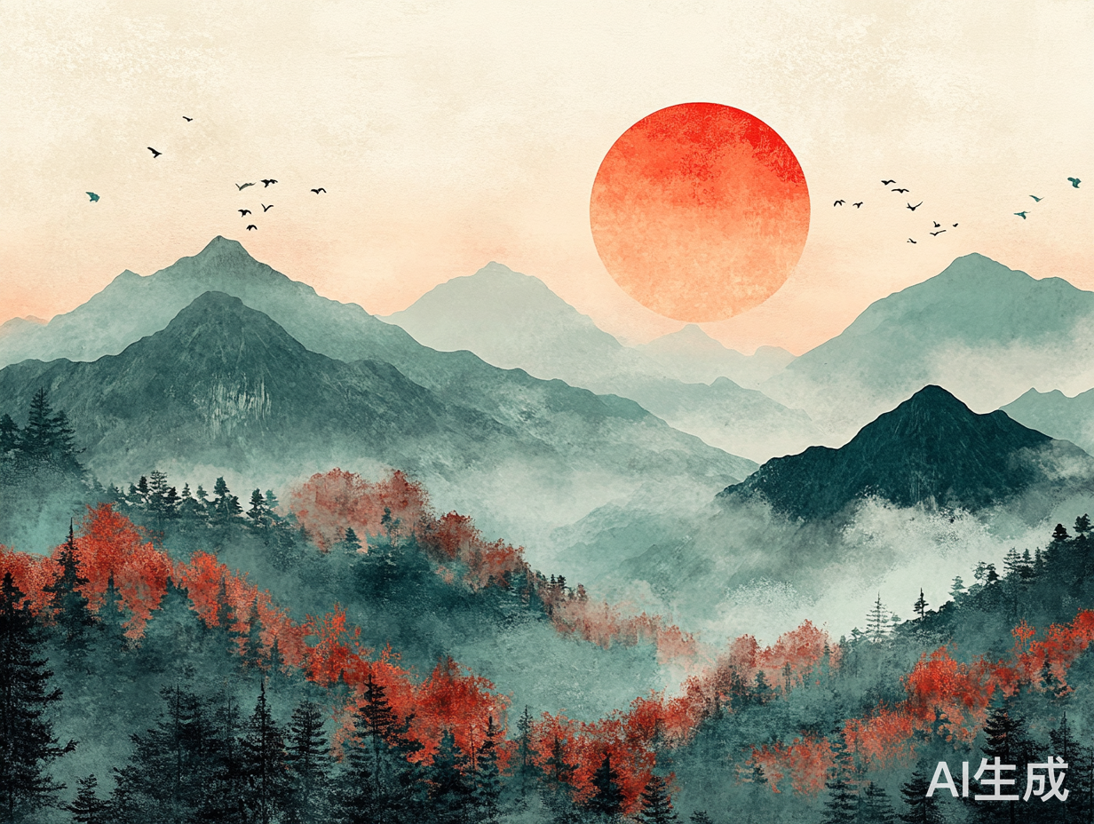 秋天山峦在旭日映照下的青红交融