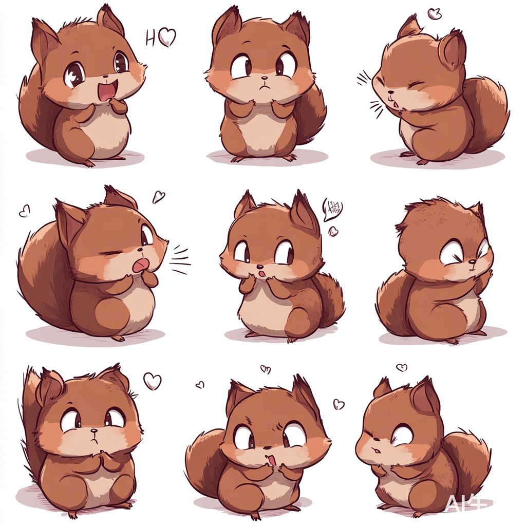 可爱胖胖棕色小松鼠的九种姿势与表情