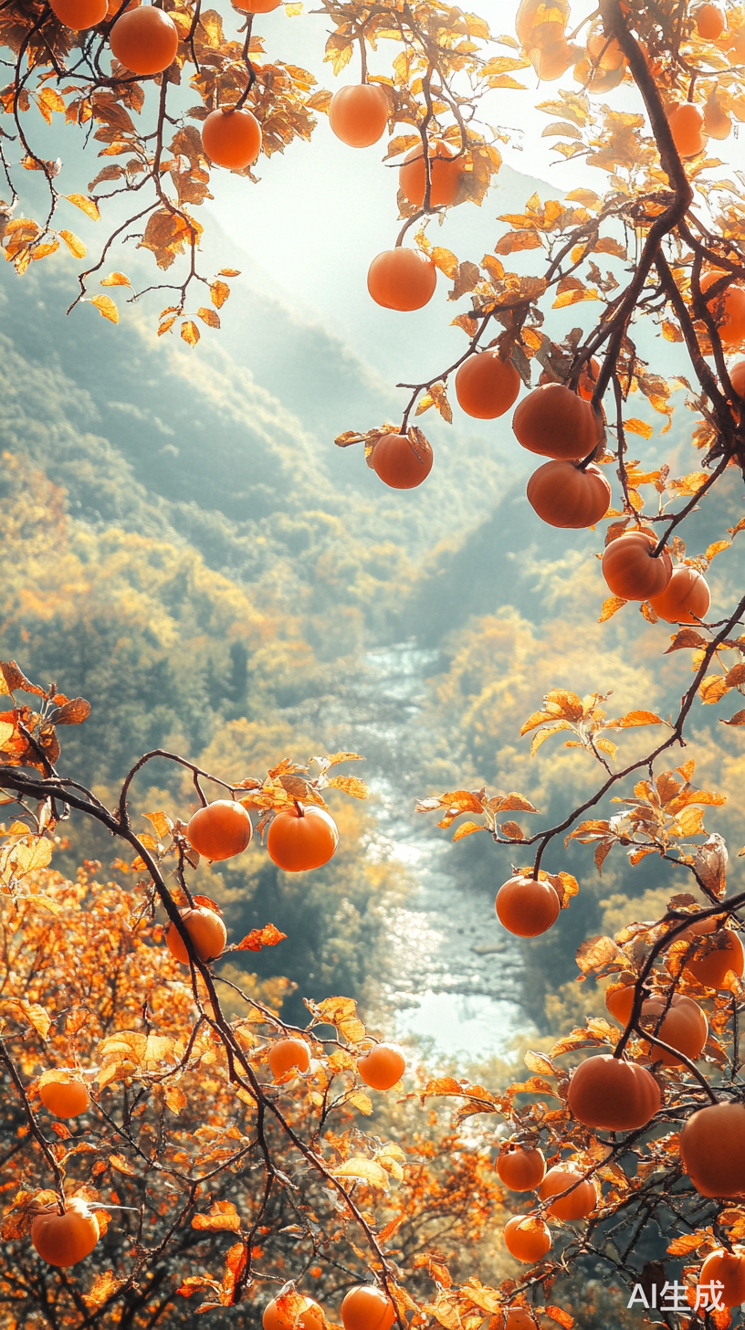 金黄柿子挂满枝头的丰收季节风景