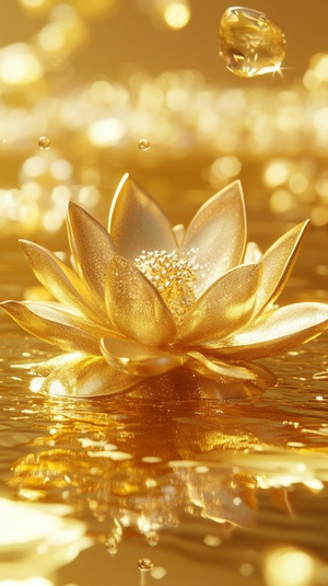 gold lotus on a yellow background, in the style of rendered in unreal engine, money themed, environmental installation artist, realistic hyper-detailed rendering, hyper-realistic water, rendered in cinema4d, commission for ar 3:4 relax style raw stylize 180 v 6