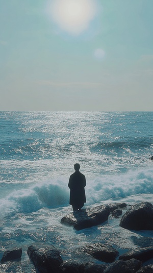 镜头缓缓推进，展现一片波澜壮阔的大海，海水蔚蓝，波涛汹涌，阳光下闪烁着粼粼波光。画面渐渐模糊，转为诗人站在海边，凝视着远方的海面，眼中流露出深深的怀念。