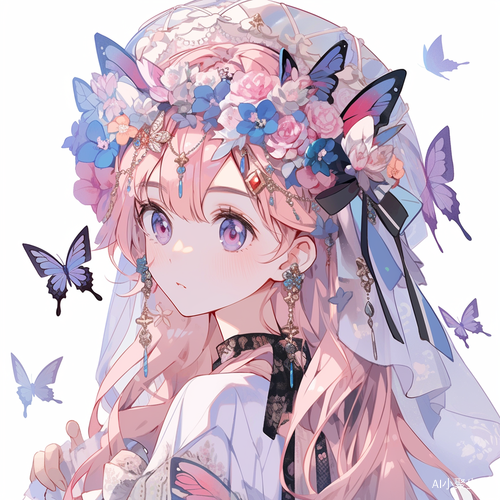 粉蓝长发女孩蝴蝶装星空背景露长腿