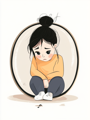 可爱卡通女孩镜前忧郁插图极简风格