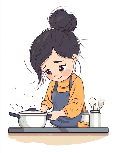 可爱卡通女孩厨房做饭的极简主义插图
