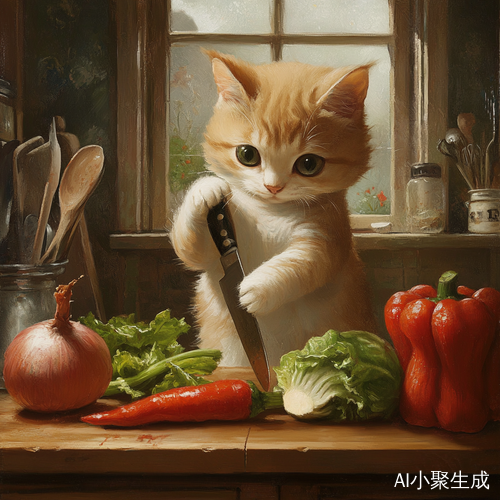 猫咪用菜刀在厨房切菜的趣味场景
