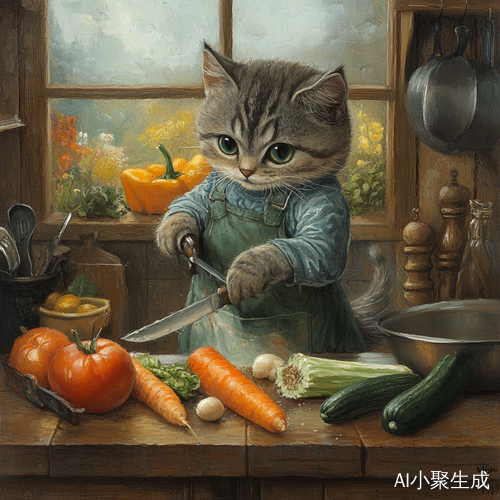 猫咪用菜刀在厨房切菜的趣味场景