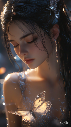 Stunning High Detail Girl with Glowing Butterfly in Dreamlike Water Scene