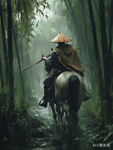 雨中骑马的古人白衣斗笠蓑衣笛子在竹林中