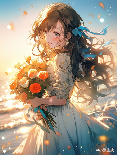 黑发女孩礼服长裙漫游浅色花海