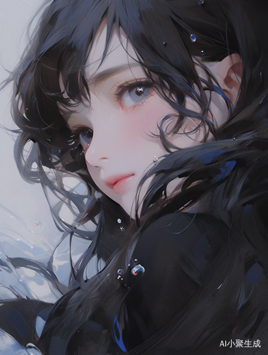 黑色长发水蓝眼睛油画风人物正对屏幕