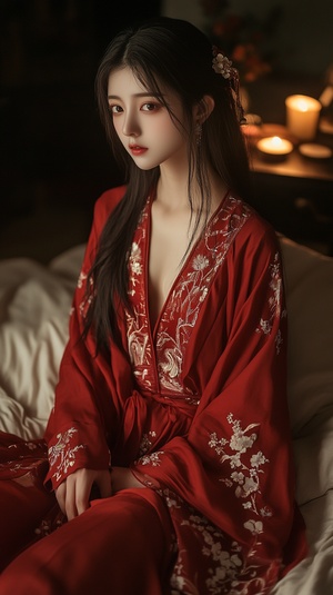 A beautiful woman wearing traditional Hanfu , with delicate facial features and long hair draped over her shoulders. She is dressed in an exquisite red dress embroidered with flowers on the sleeves and skirt, sitting gracefully by candlelight on the bed. Full-body photo, in the style of traditional Chinese . ar 37:60