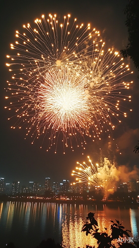 节日烟花绚烂绽放点亮夜空的欢呼与许愿