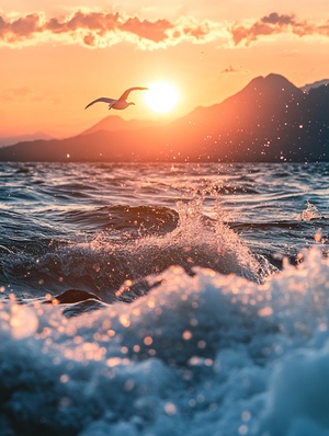 The sea, the sun, and seagulls in the phone photo, real photographs of a sunset on the beach with mountains in the background, waves crashing against each other, splashing water, sea foam flying all over the sky, a seagull sitting high above, photo-realistic, bright colors, clear focus, detail, professional photography lighting, professional color grading, shot with a Sony A7R IV camera, soft shadows, and clean, sharp details