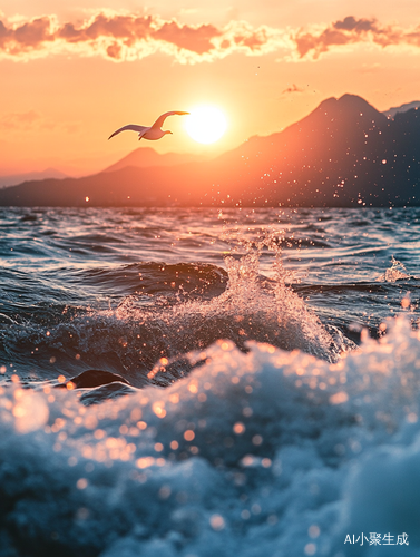 Stunning Sunset Beach Photography with Seagulls and Mountains