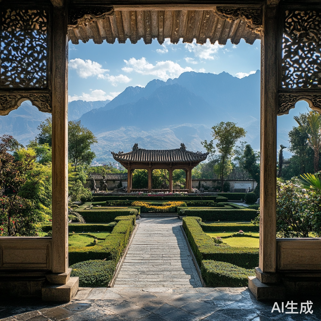 山景围墙内的亭台楼阁和花园