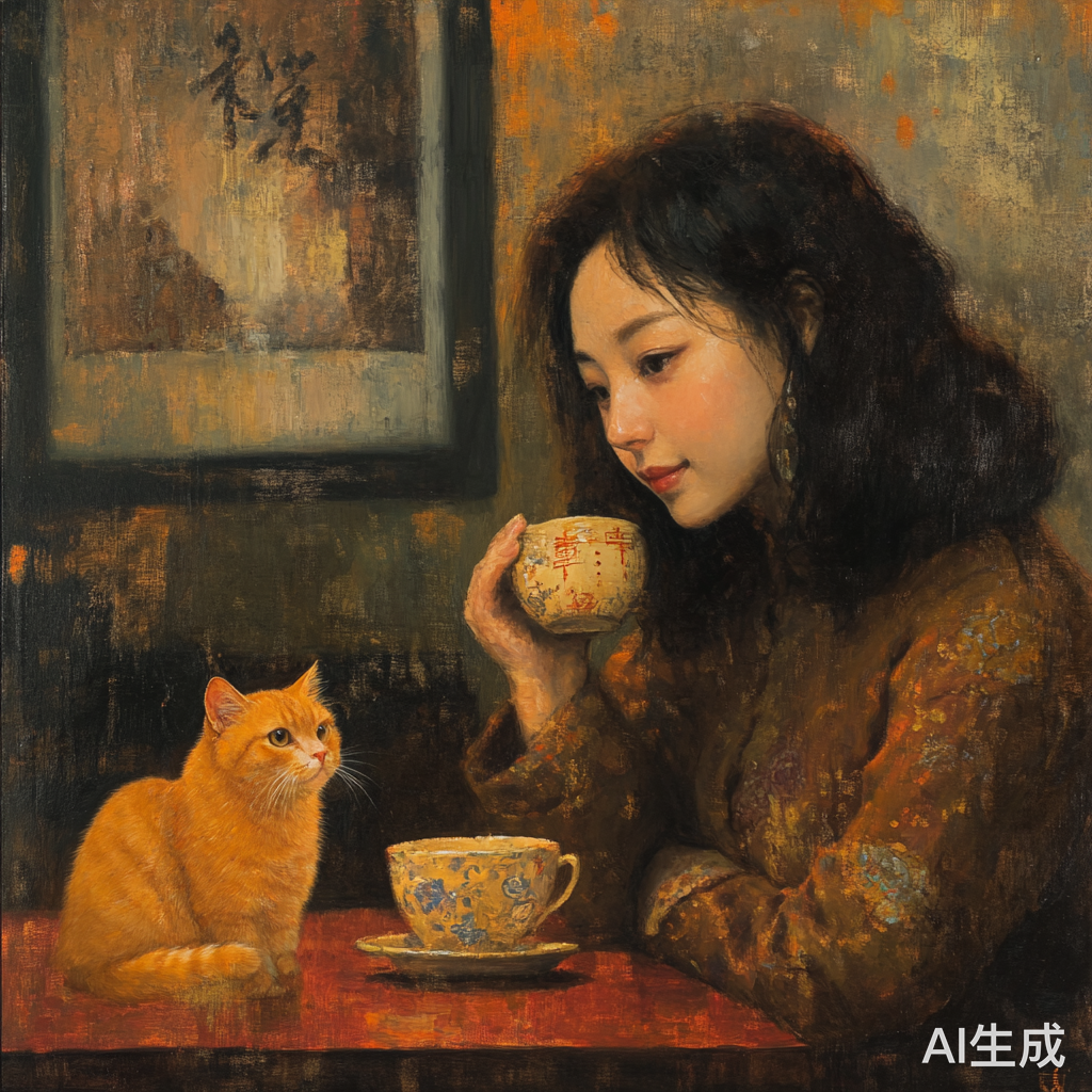 中国女人与橘猫共享悠闲下午茶时光