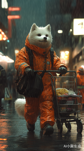萨摩耶穿工地服装推小推车的雨天冒险