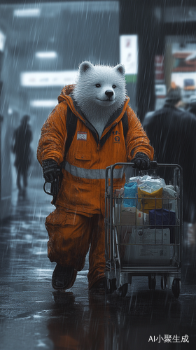 萨摩耶穿工地服装推小推车的雨天冒险