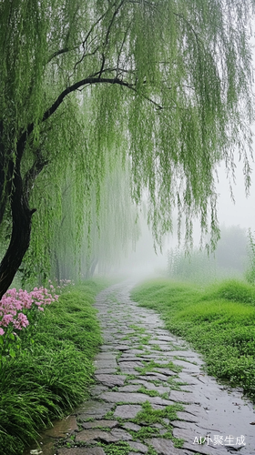 雨天小柳树下的石板小路与青草花丛