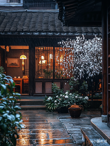 江南老宅傍晚雨后微光中的烟火生活