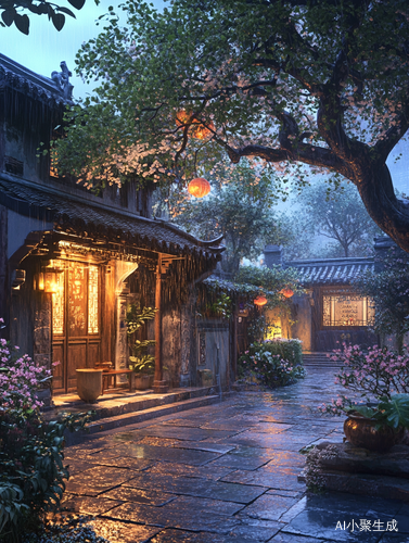 江南老宅傍晚雨后微光中的烟火生活