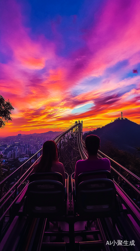 夕阳下的过山车与色彩缤纷的天空