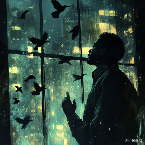 黑夜高楼上的男子与飞舞的乌鸦