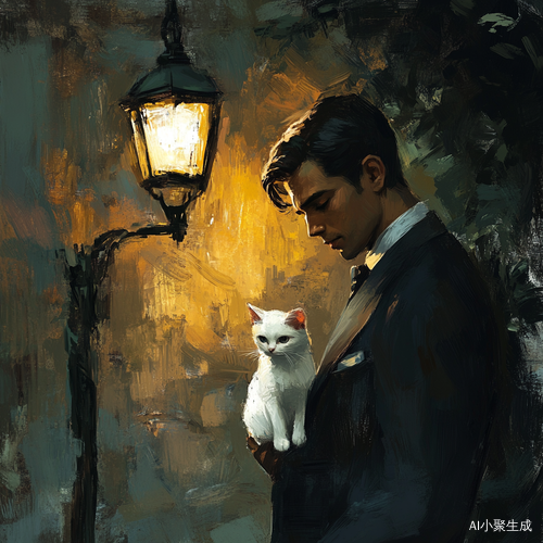 帅哥西装造型与白色小猫在路灯下的邂逅