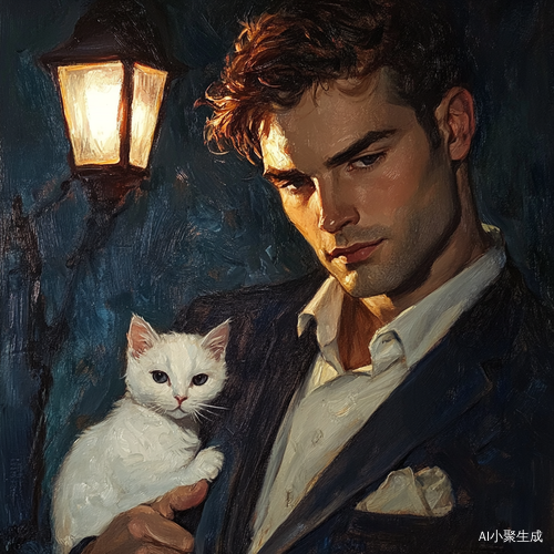 帅哥西装造型与白色小猫在路灯下的邂逅