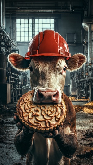 Animal photography, a cow, wearing a red hard hat, holding a large moon cake, put it to the mouth, fine details, realistic, the background is a factory, machinery and equipment, the background is blurred,