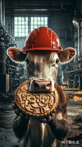 Cow in Red Hard Hat Holding Mooncake in Factory Background